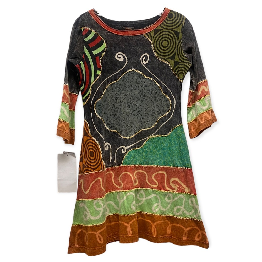 RISING INT’L 3/4 Sleeve Boho Hippie Pop Art Dress Multicolor Small
